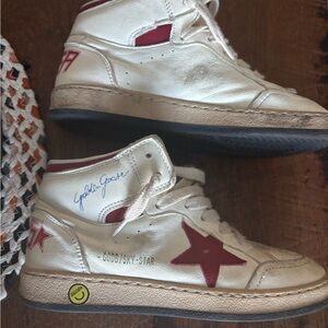 Golden Goose Cream and Red High-Top Sneakers